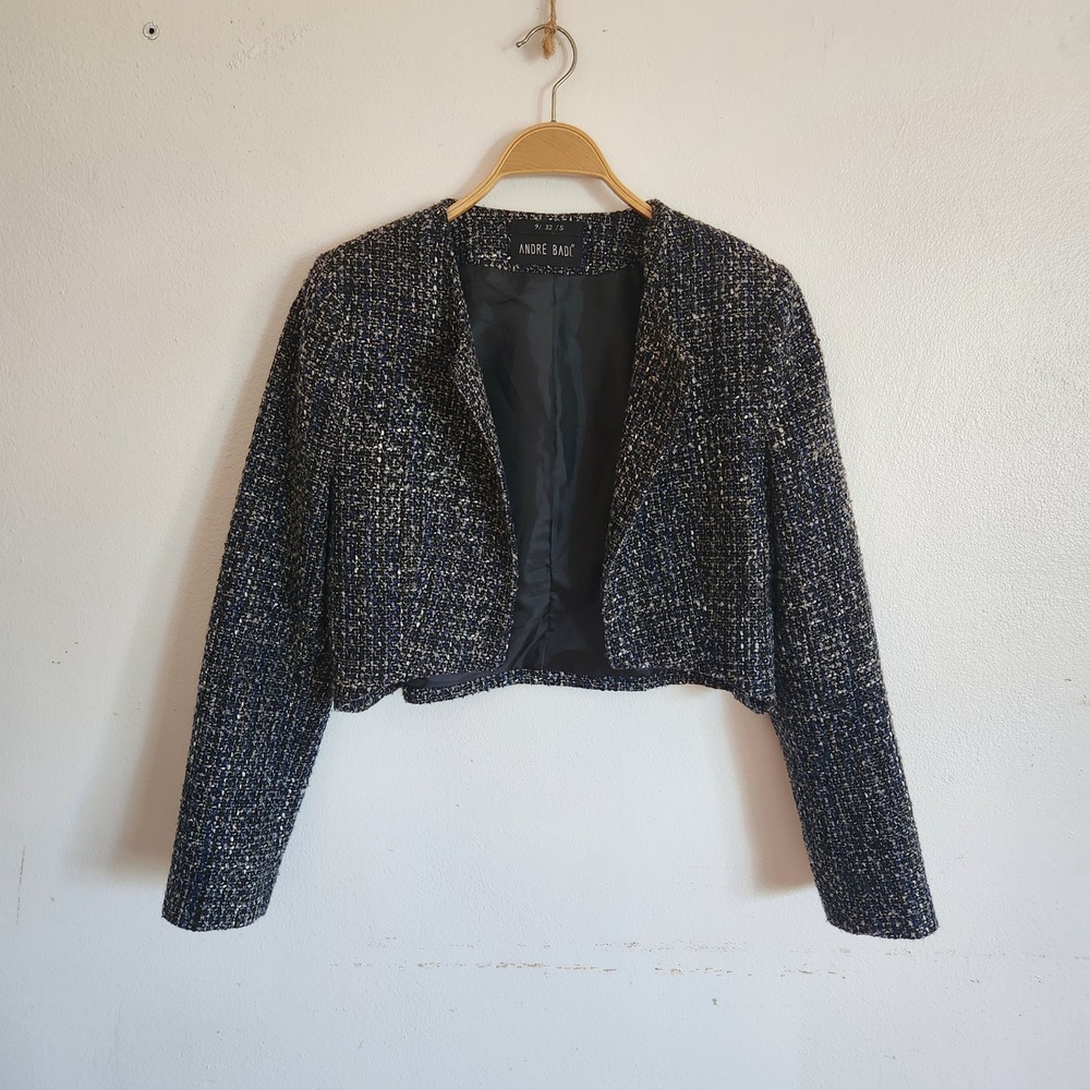 Andre Badi Cropped Tweed Bolero jacket Small Blue Metallic Parisian